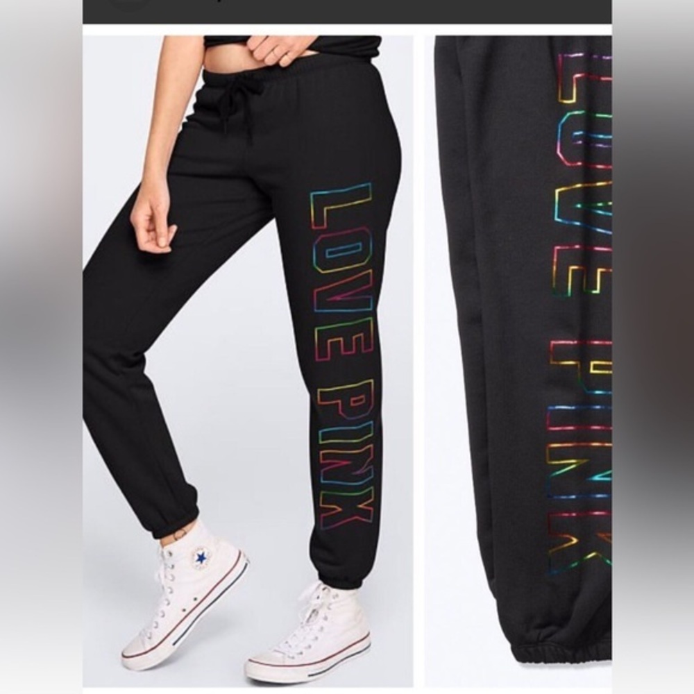 PINK Victoria's Secret Sweatpants Black and Pink Track Pants with Bold Lettering